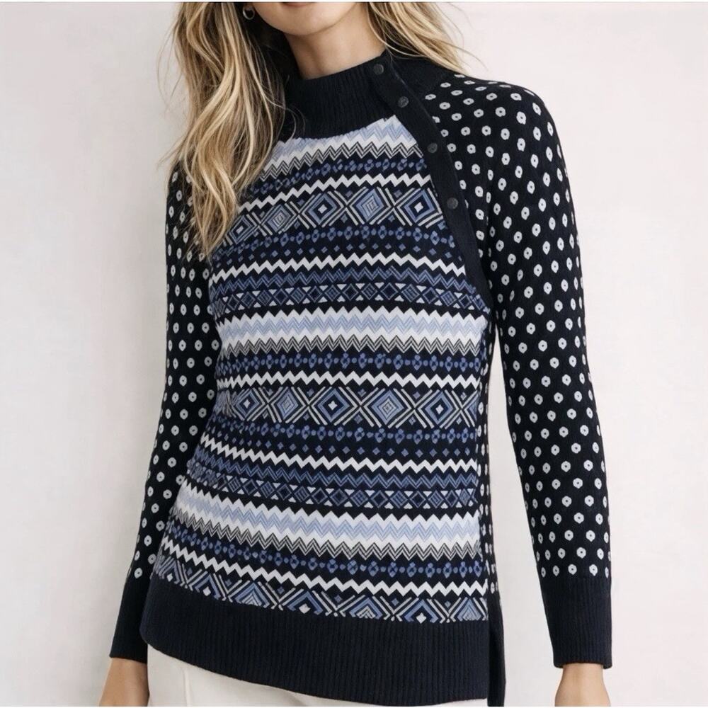 Talbots Snap Button Fair Isle Mock Neck Sweater Thermolite New Petite M